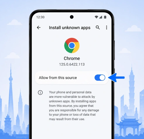 1xBet APK permission Android install unknown sources toggle highlighted