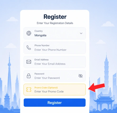 1xBet sign up promo code field Mongolia registration form highlighted with arrow