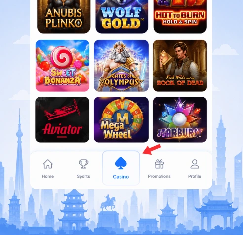 1xBet casino app access Mongolia navigation tab highlighted casino section